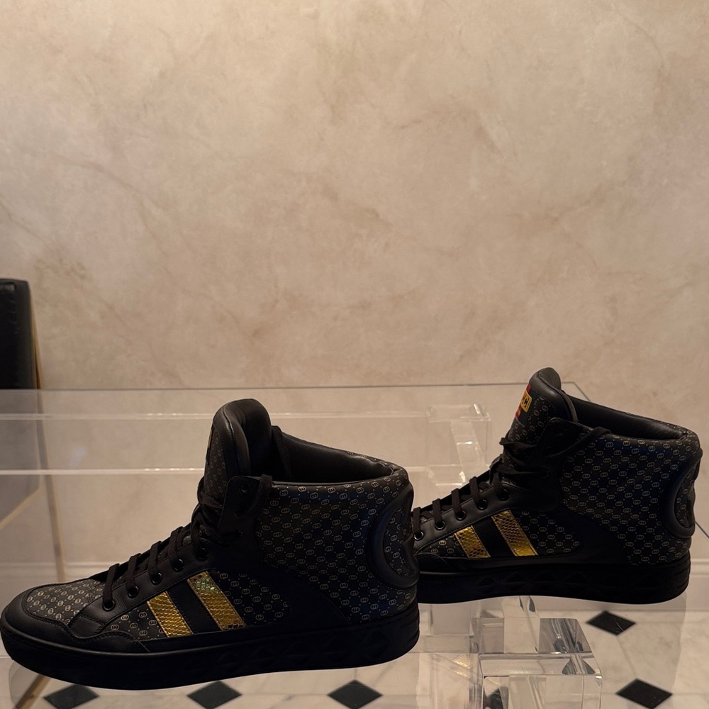 Gucci Dapper Dan Black and Gold High Top Patterned Sneakers - Picture 5 of 11